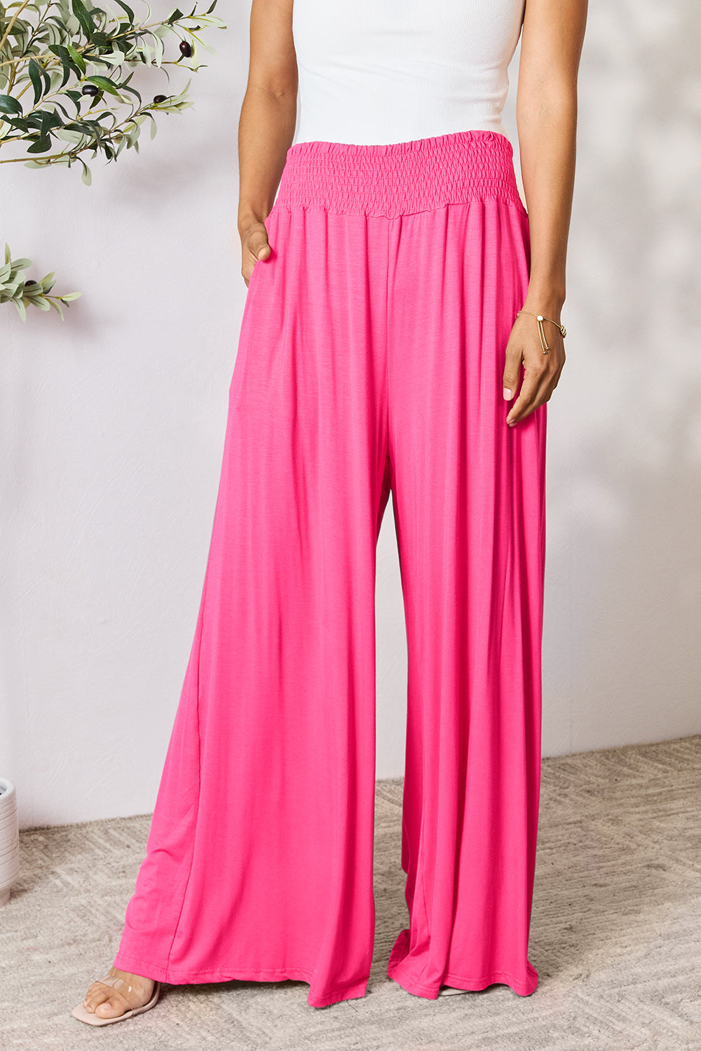 Double Take Full Size Smocked Wide Waistband Wide Leg Pants [Click for additional options]