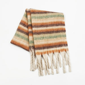 Fringe Contrast Striped Polyester Scarf🟤⚪️🟢