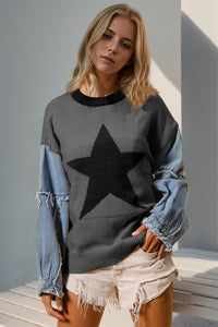 Double Take Full Size Star Pattern Raw Edge Long Sleeve Sweater🟡🟣🔵🟤⚫️