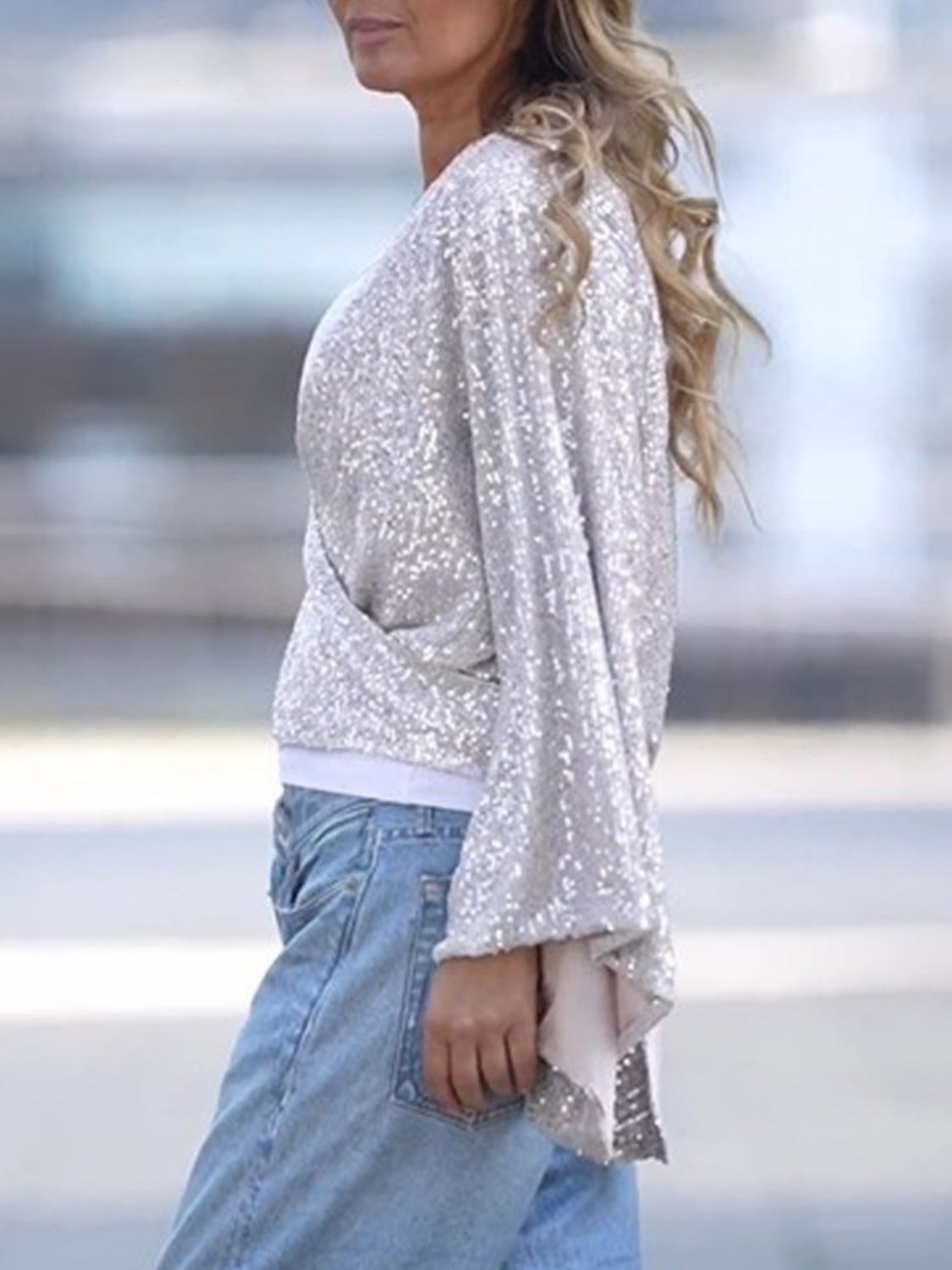 Tied Sequin Surplice Flare Sleeve Blouse