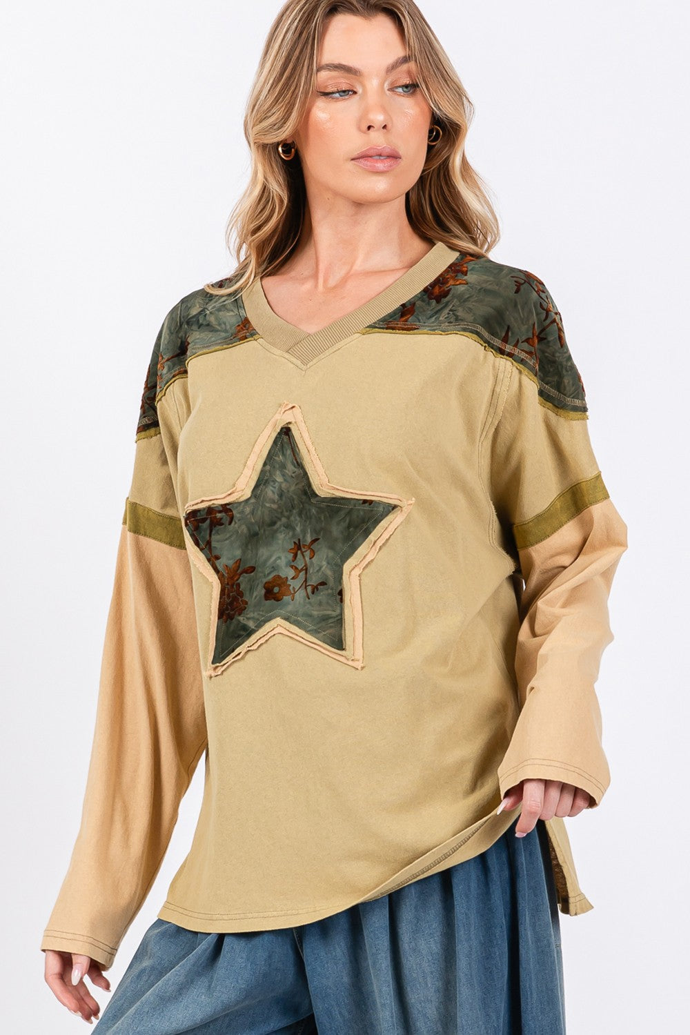 SAGE + FIG Star Patch Long Sleeve Color Block T-Shirt