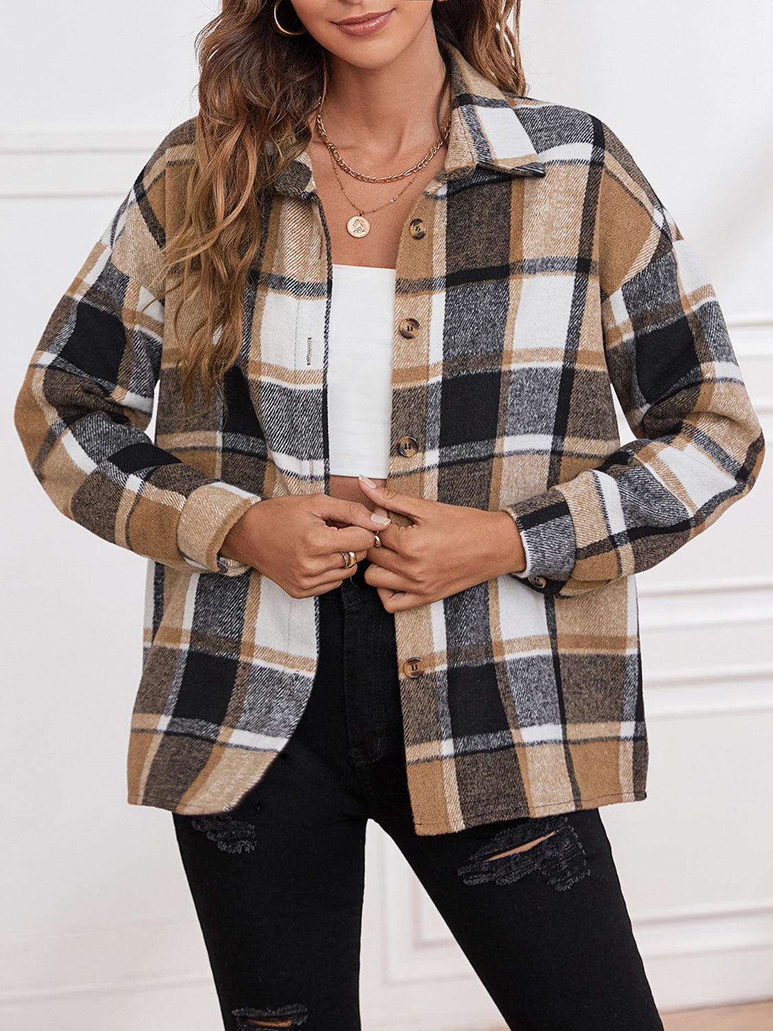 Plaid Collared Neck Button Down Jacket Available In Multiple Color Options