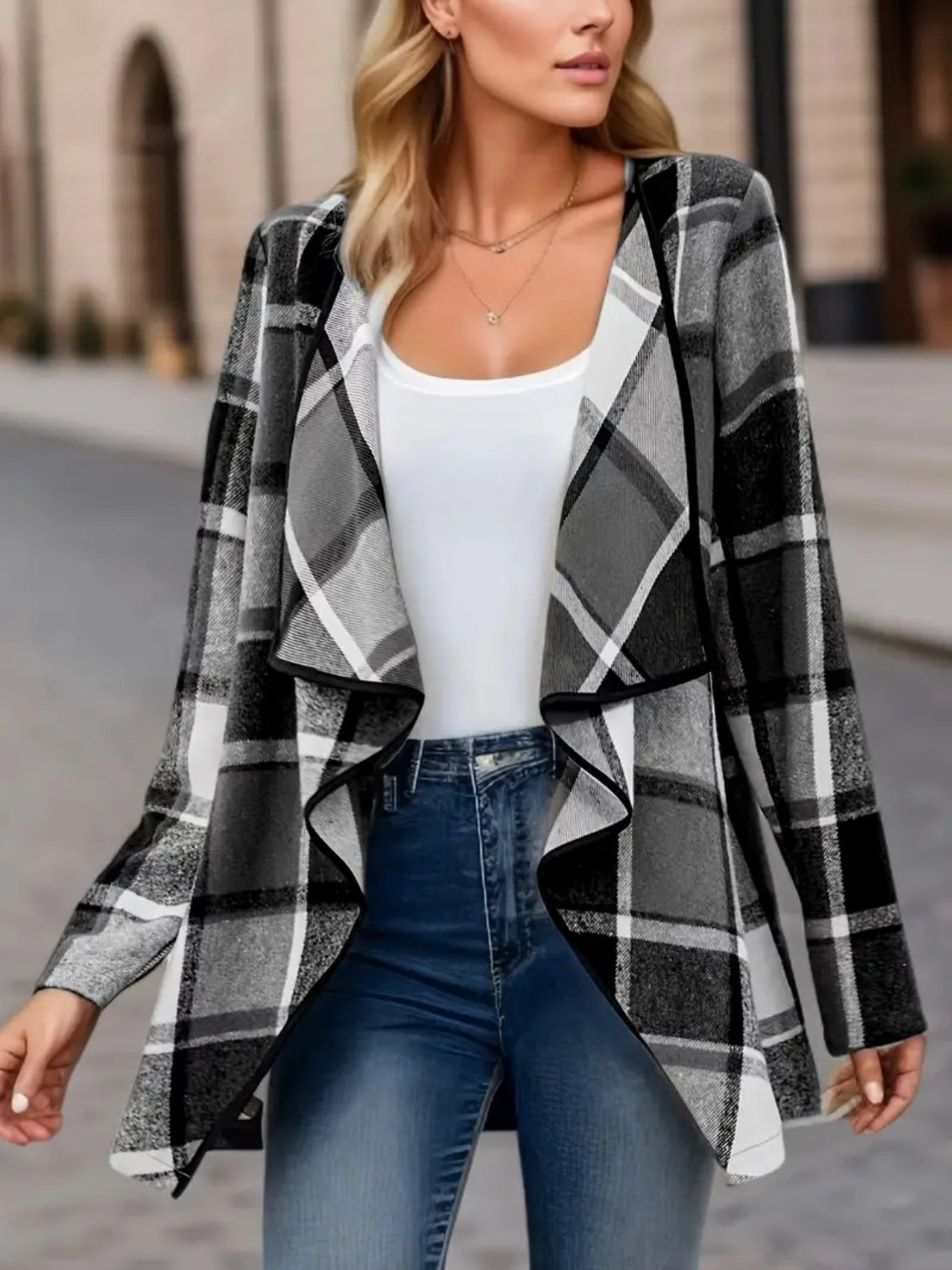 Plaid Open Front Long Sleeve Jacket Available In Multiple Color Options🔴⚪️🟤