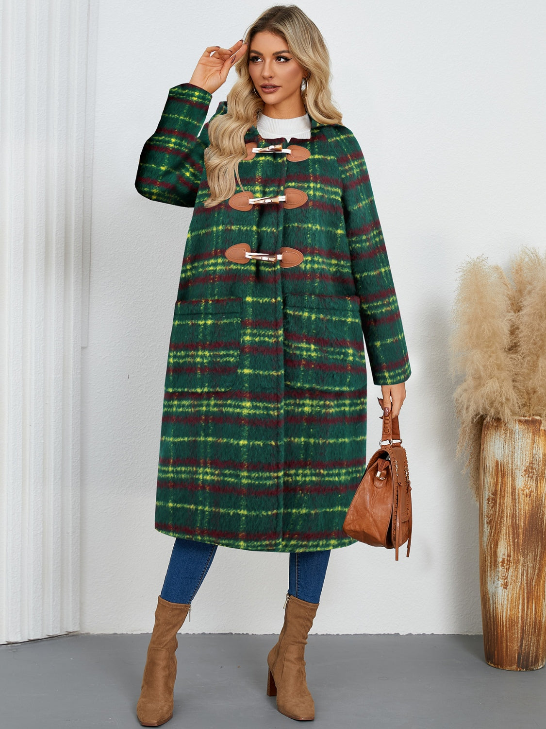 Plaid Long Sleeve Hooded Coat with Pockets