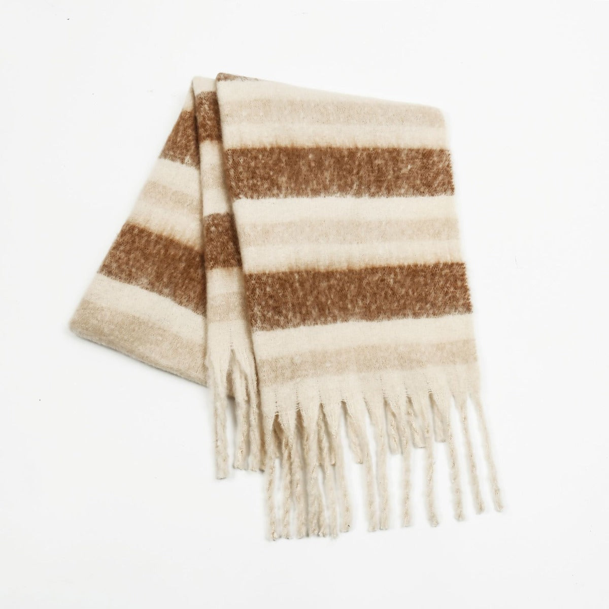 Fringe Contrast Striped Polyester Scarf🟤⚪️🟢