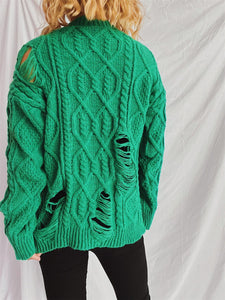 Distressed Cable-Knit Round Neck Long Sleeve Sweater (Available in 4 Color Options)