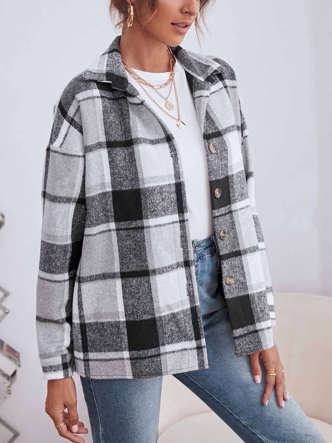 Plaid Collared Neck Button Down Jacket Available In Multiple Color Options