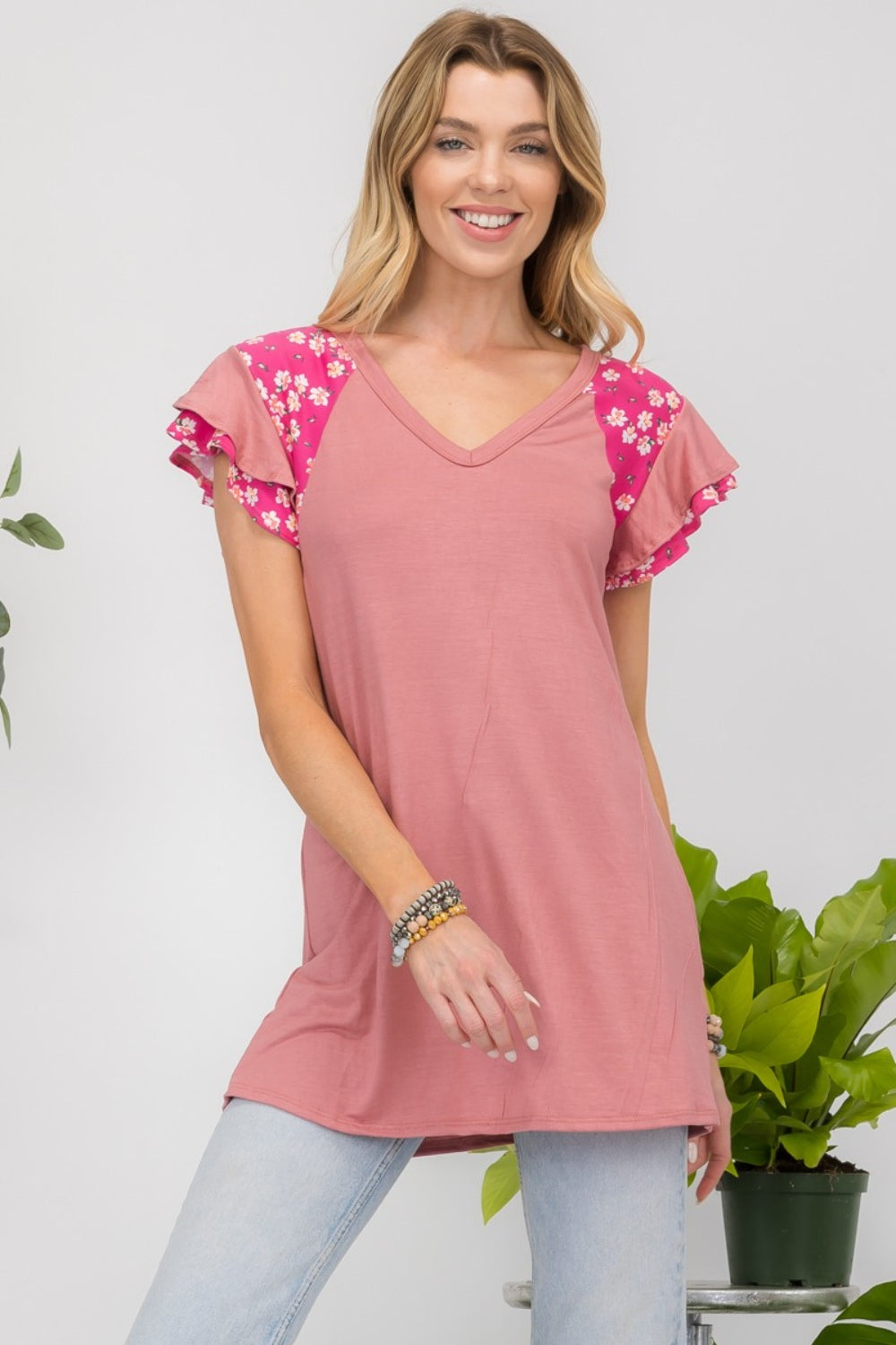 Celeste Full Size Floral Contrast Short Sleeve Top [ click for additional color options]