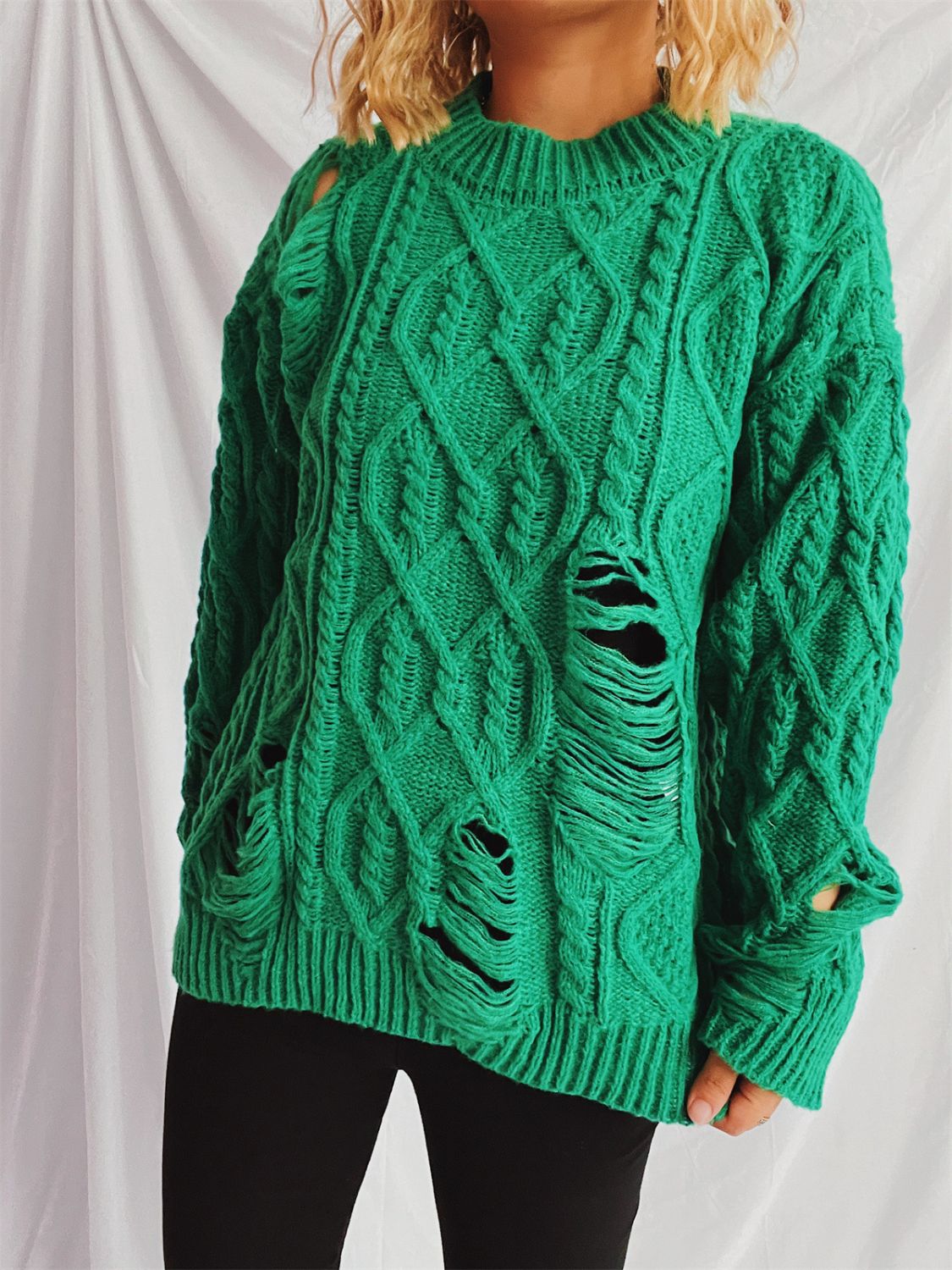 Distressed Cable-Knit Round Neck Long Sleeve Sweater (Available in 4 Color Options)