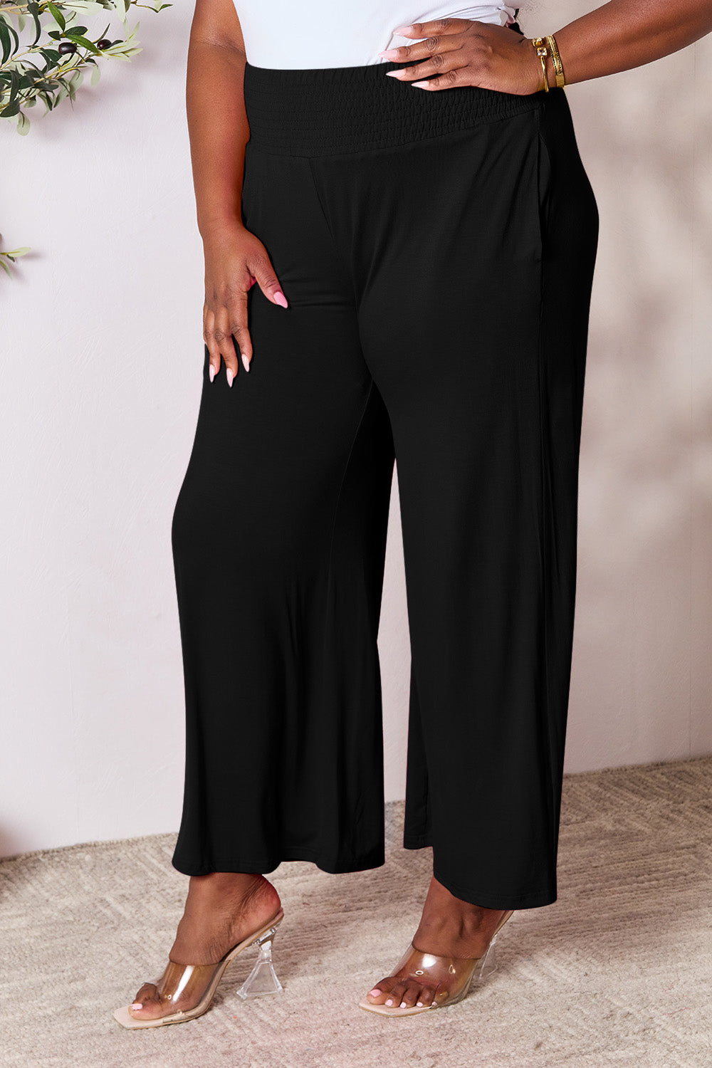 Double Take Full Size Smocked Wide Waistband Wide Leg Pants [Click for additional options]