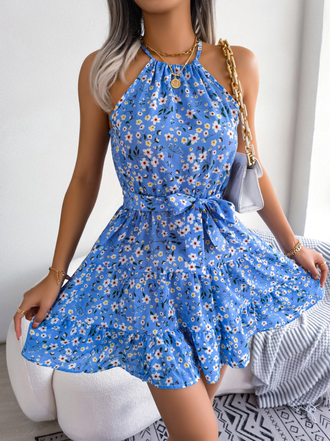 Tied Printed Grecian Neck Mini Dress [ click for additional color options]