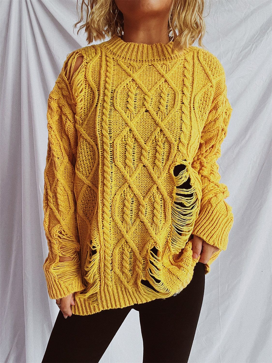 Distressed Cable-Knit Round Neck Long Sleeve Sweater (Available in 4 Color Options)