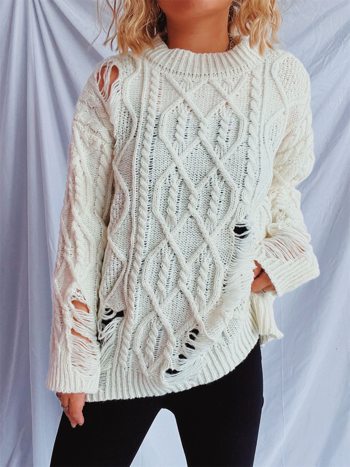 Distressed Cable-Knit Round Neck Long Sleeve Sweater (Available in 4 Color Options)