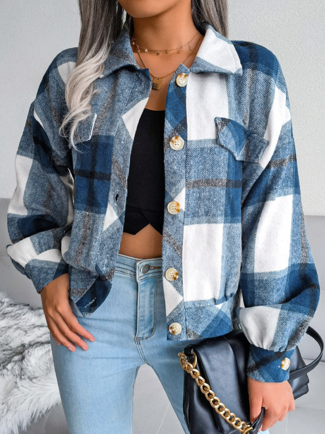 Plaid Collared Neck Long Sleeve Jacket Available in Multiple Color Options