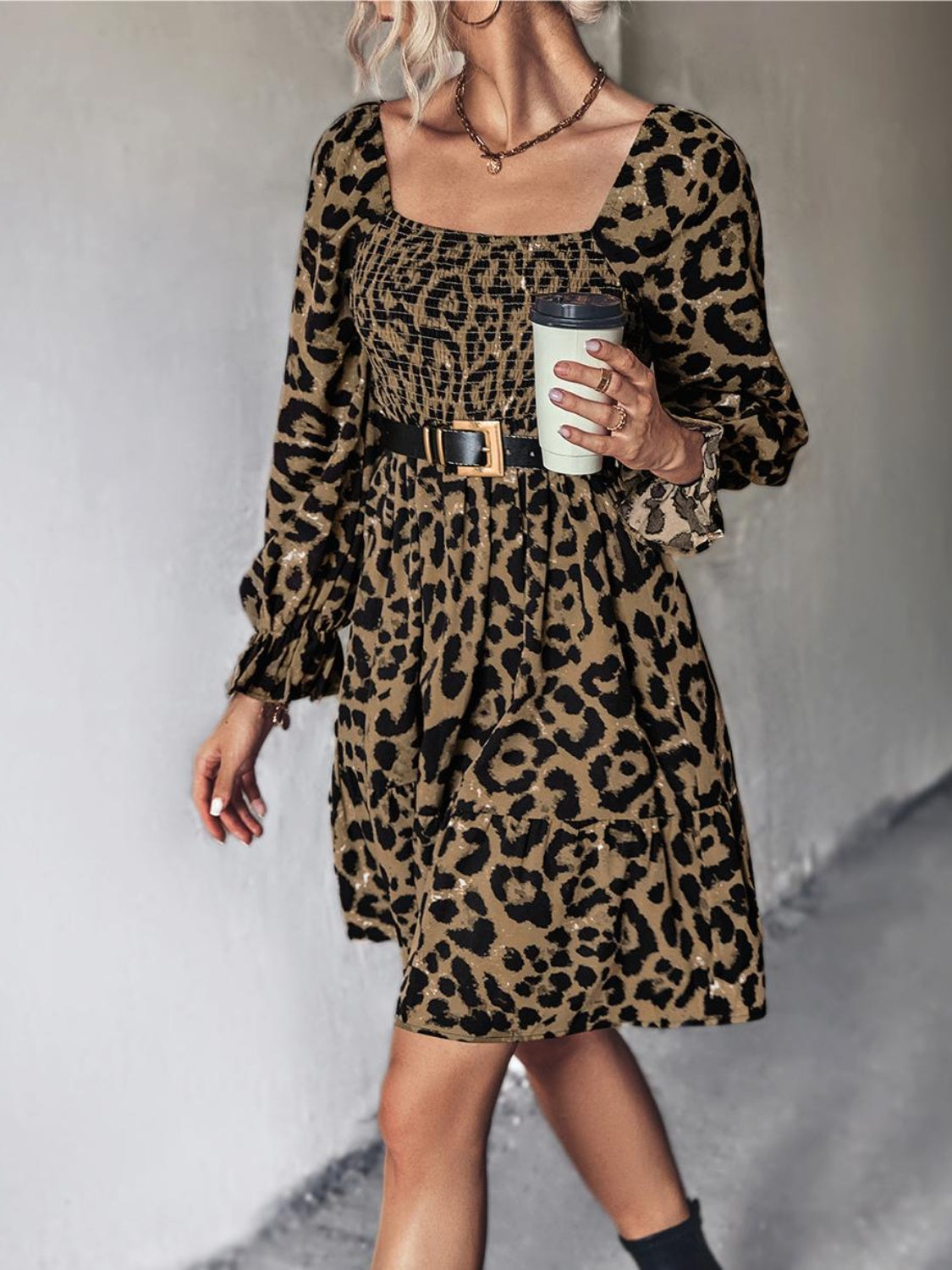 Leopard Smocked Flounce Sleeve Mini Dress🟤⚫️