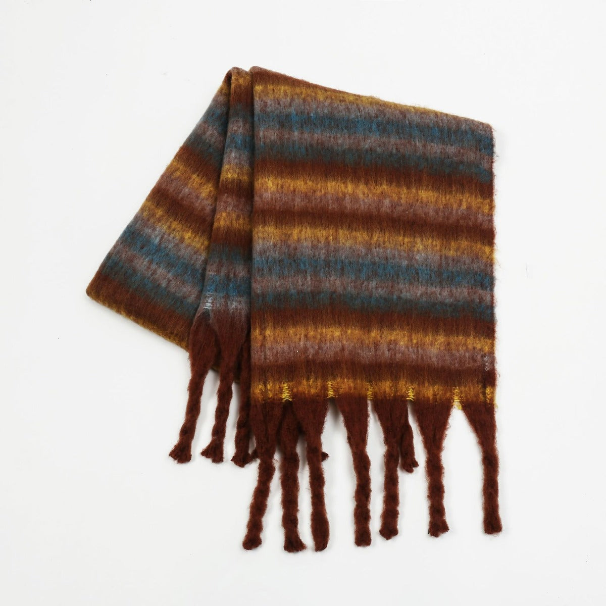 Fringe Contrast Striped Polyester Scarf🟤⚪️🟢