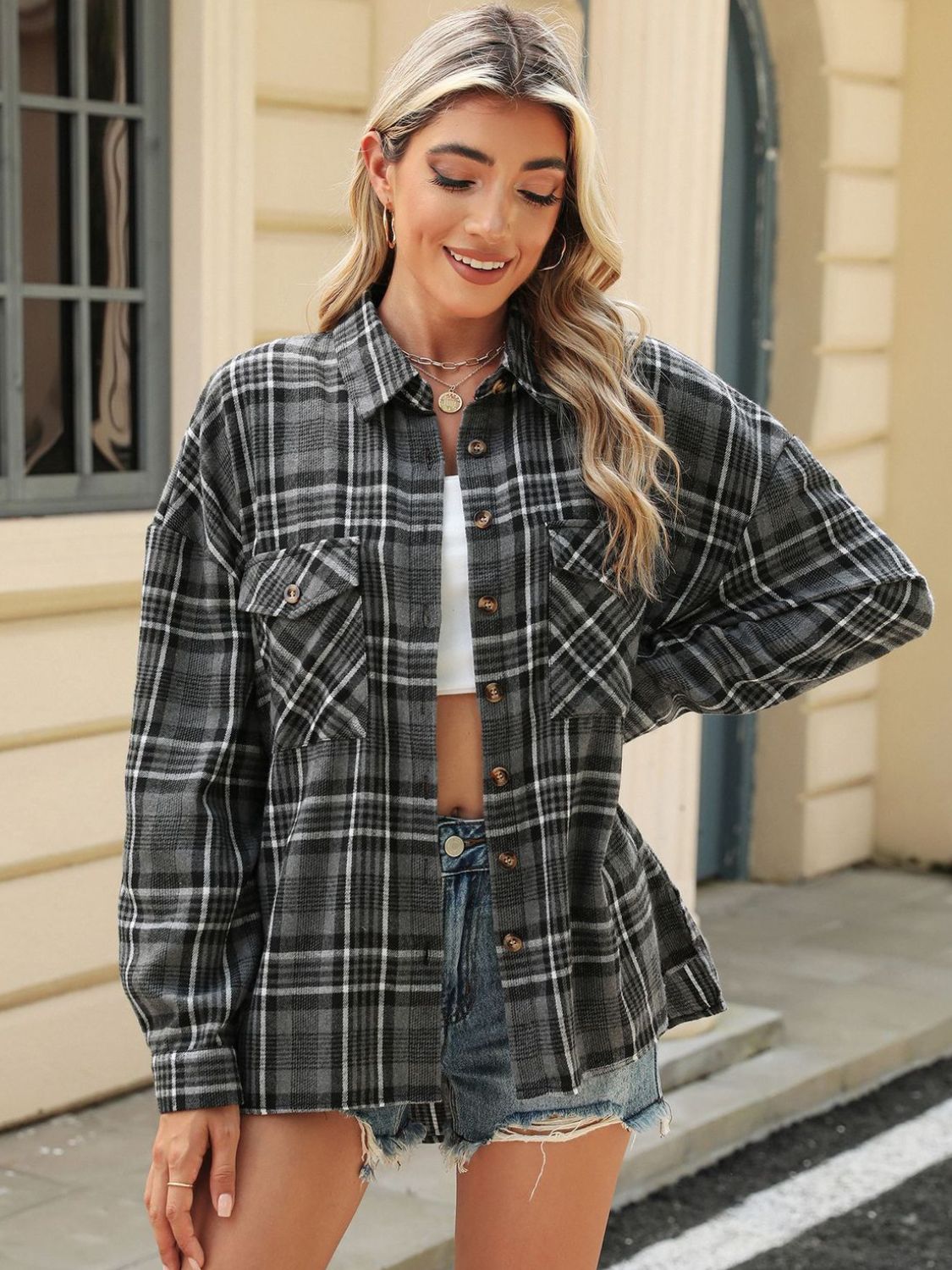 Pocketed Plaid Collared Neck Long Sleeve Shirt Available In Multiple Color Options