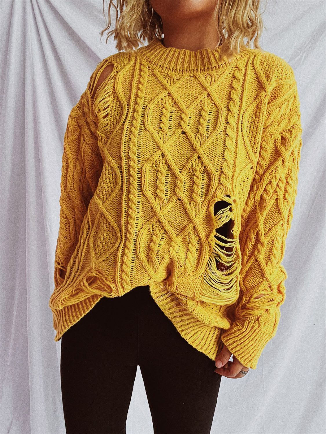 Distressed Cable-Knit Round Neck Long Sleeve Sweater (Available in 4 Color Options)