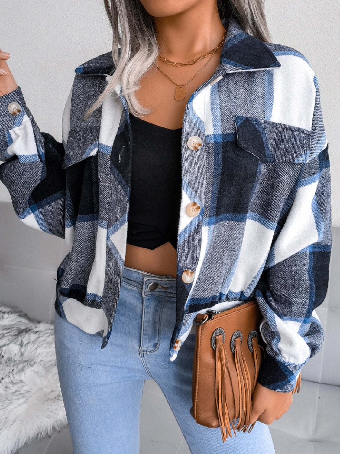 Plaid Collared Neck Long Sleeve Jacket Available in Multiple Color Options