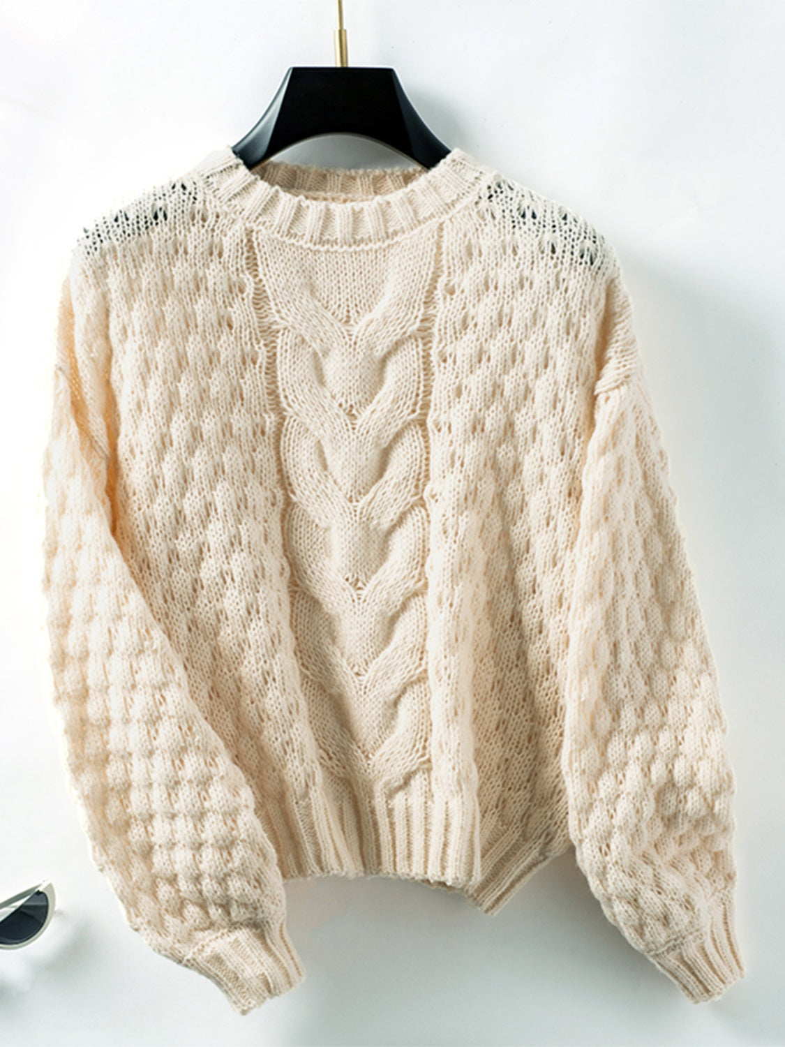 Cable-Knit Round Neck Long Sleeve Sweater🟤⚪️🔘