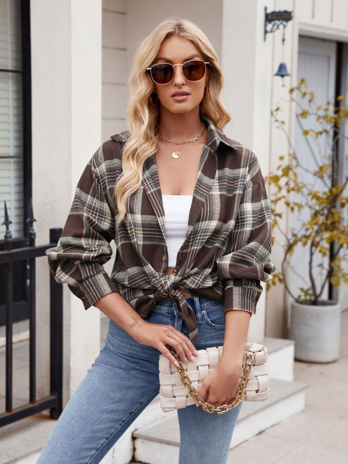 Mandy Pocketed Plaid Collared Neck Long Sleeve Shirt Available In Multiple Color Options