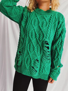 Distressed Cable-Knit Round Neck Long Sleeve Sweater (Available in 4 Color Options)