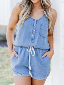 Pocketed Half Button Sleeveless Denim Romper [Click for options]