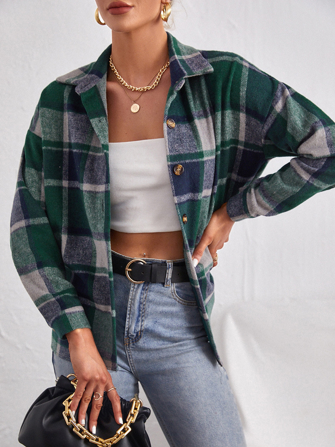 Plaid Collared Neck Button Down Jacket Available In Multiple Color Options