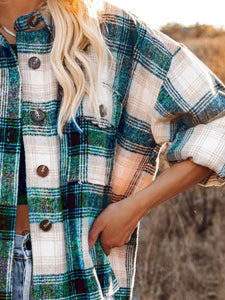 Pocketed Plaid Button Down Long Sleeve Shacket Available In 2 Color Options