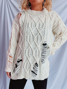 Distressed Cable-Knit Round Neck Long Sleeve Sweater (Available in 4 Color Options)