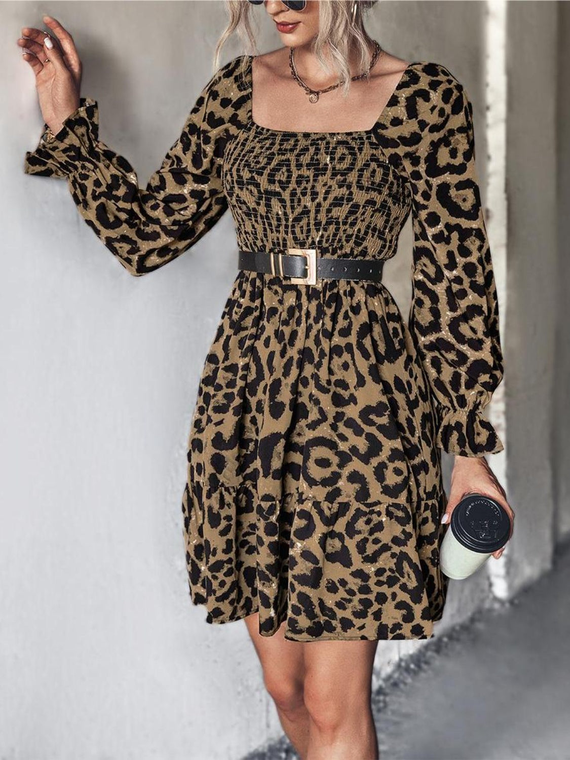 Leopard Smocked Flounce Sleeve Mini Dress🟤⚫️