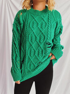 Distressed Cable-Knit Round Neck Long Sleeve Sweater (Available in 4 Color Options)