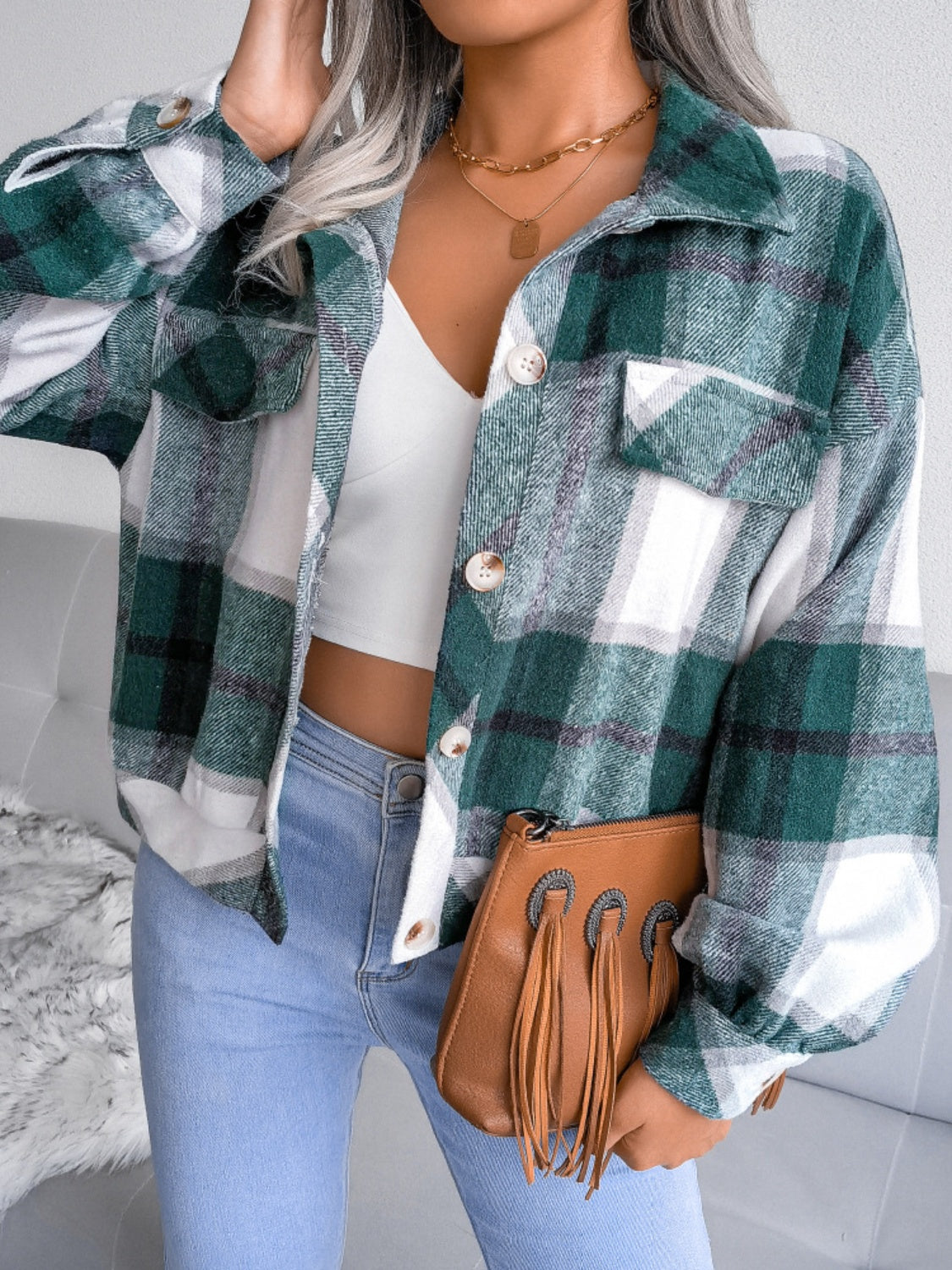 Plaid Collared Neck Long Sleeve Jacket Available in Multiple Color Options