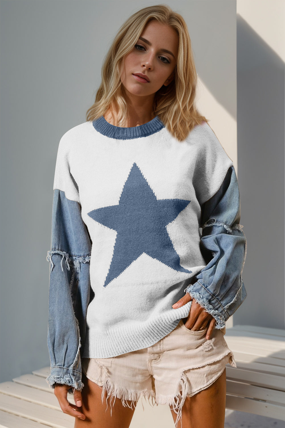 Double Take Full Size Star Pattern Raw Edge Long Sleeve Sweater🟡🟣🔵🟤⚫️