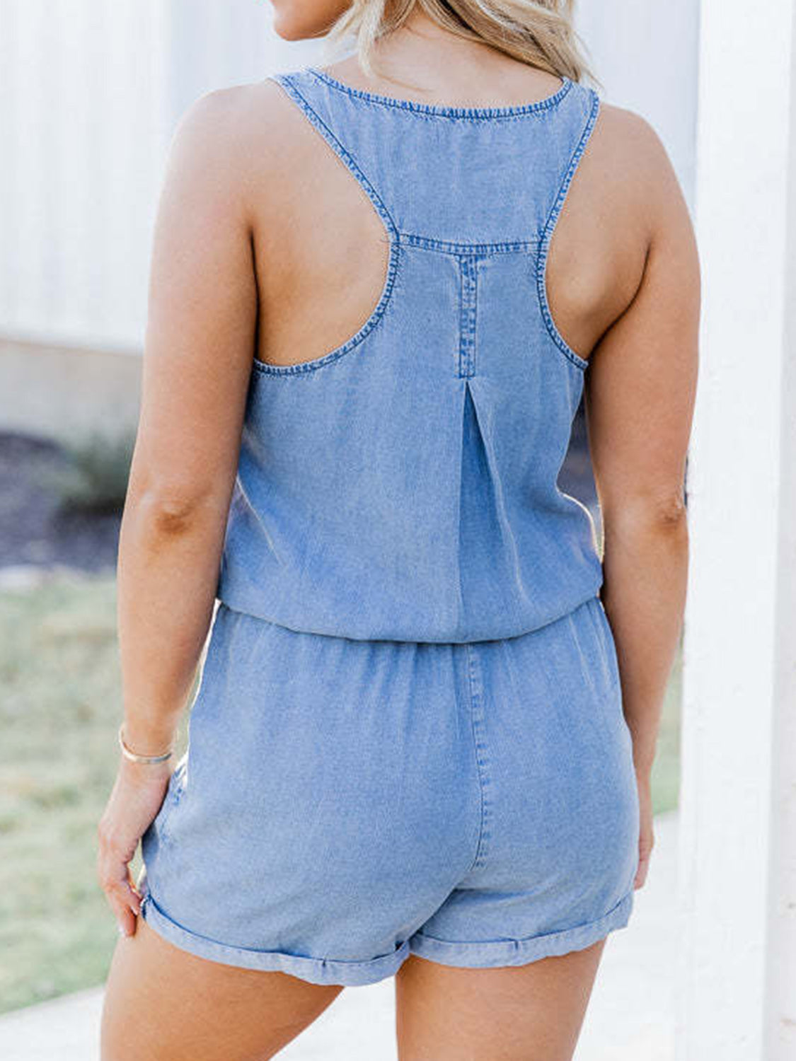 Pocketed Half Button Sleeveless Denim Romper [Click for options]