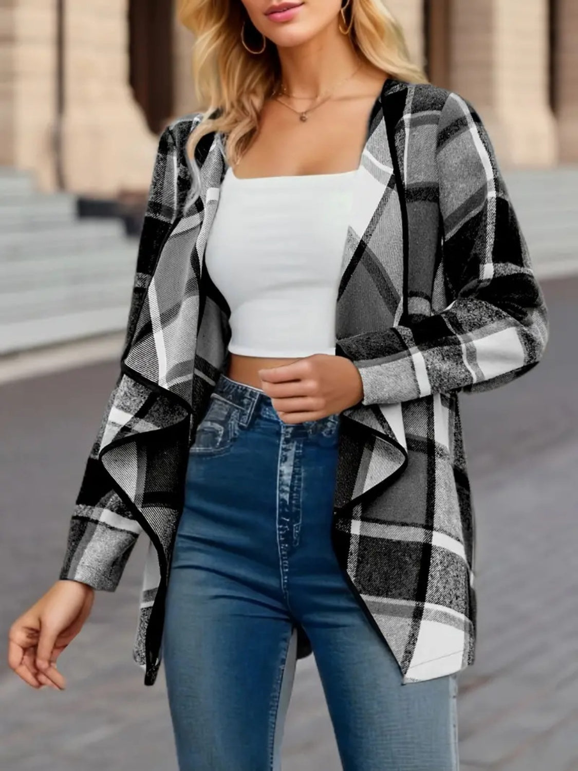 Plaid Open Front Long Sleeve Jacket Available In Multiple Color Options🔴⚪️🟤