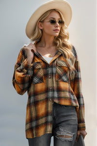 Double Take Drawstring Plaid Long Sleeve Hooded Shacket