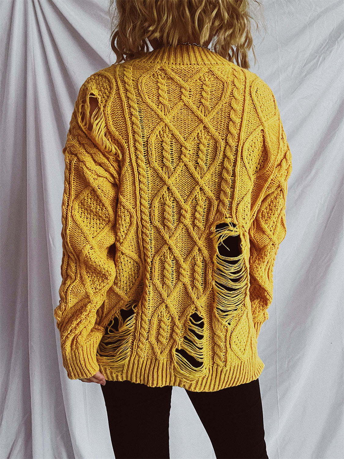 Distressed Cable-Knit Round Neck Long Sleeve Sweater (Available in 4 Color Options)