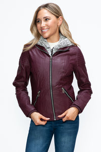 YMI Faux Layered Double-Zipper Jacket with Fuzzy Hood