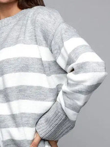 Slit Striped Round Neck Sweater