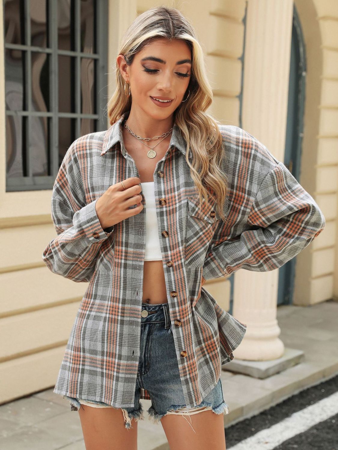 Pocketed Plaid Collared Neck Long Sleeve Shirt Available In Multiple Color Options