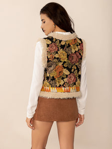 Embroidered Fuzzy Trim Open Front Vest Coat