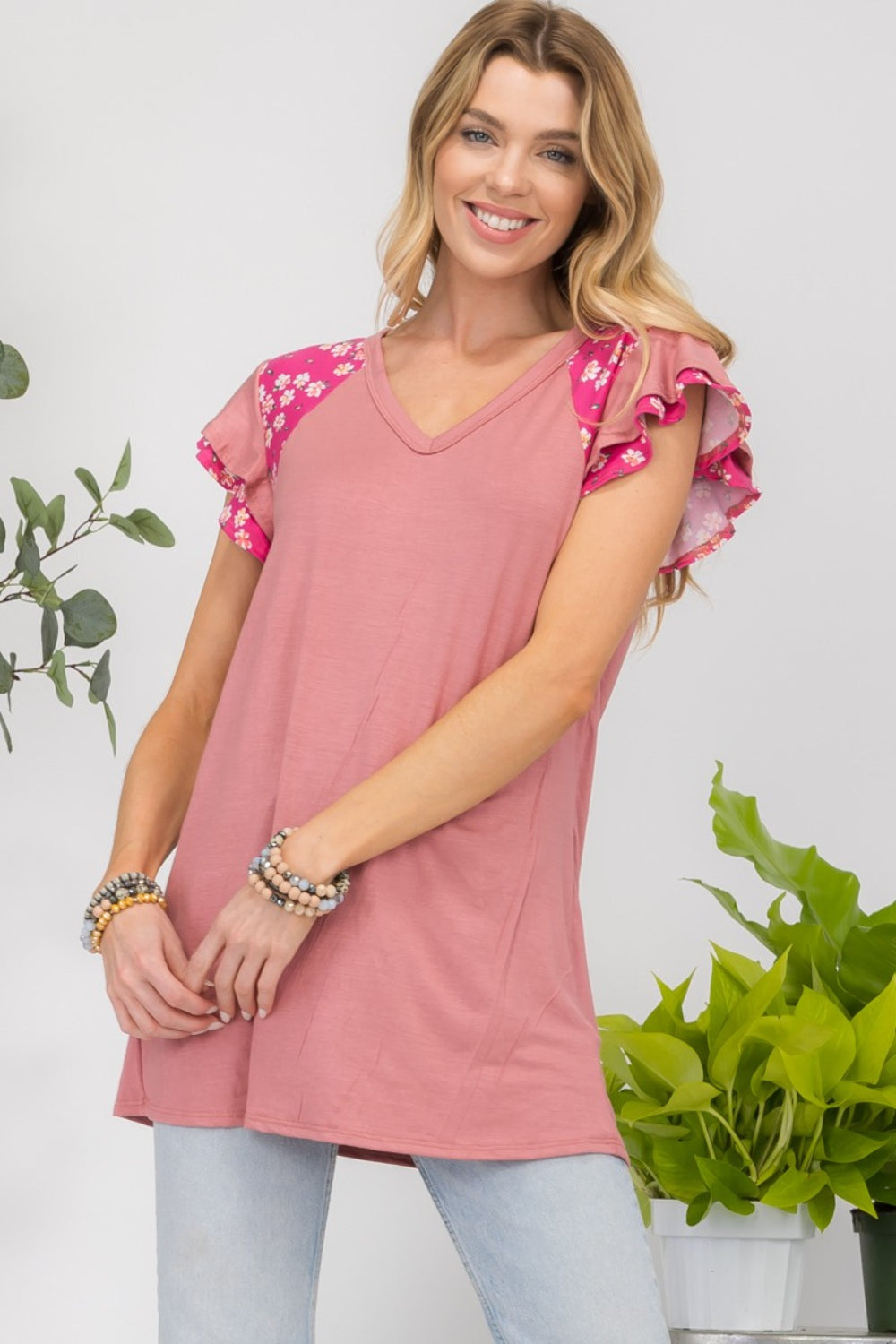 Celeste Full Size Floral Contrast Short Sleeve Top [ click for additional color options]