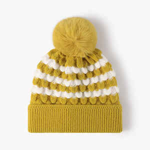 Striped Contrast Knit Hat with Pom-pom🟡🟣⚫️🟤⚪️