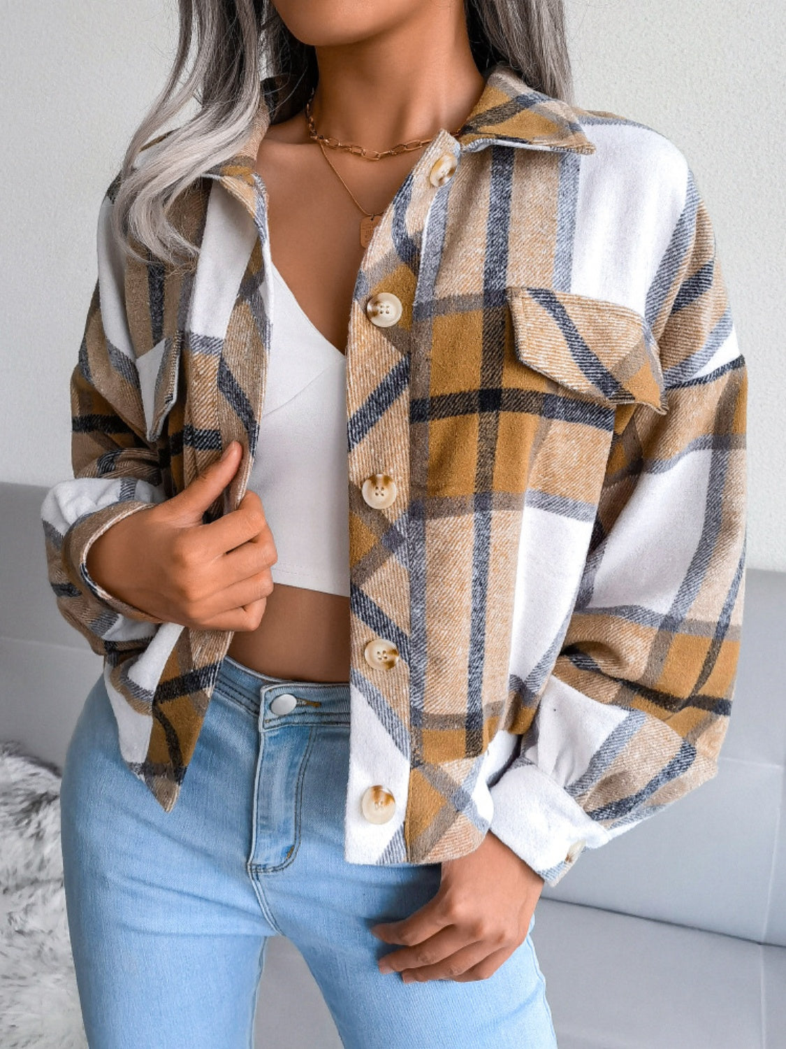 Plaid Collared Neck Long Sleeve Jacket Available in Multiple Color Options