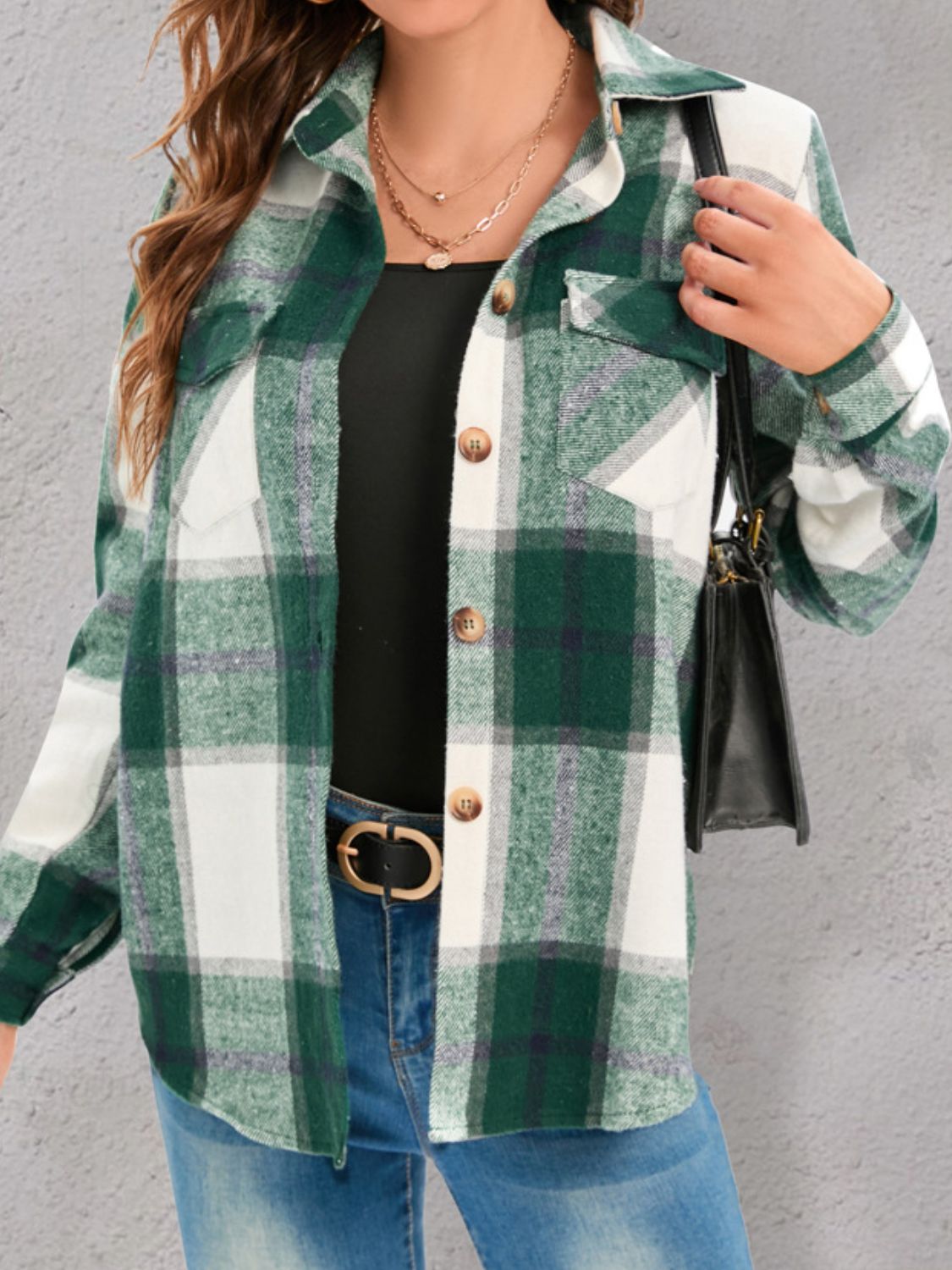 Full Size Pocketed Plaid Collared Neck Shacket Available In Multiple Color Options