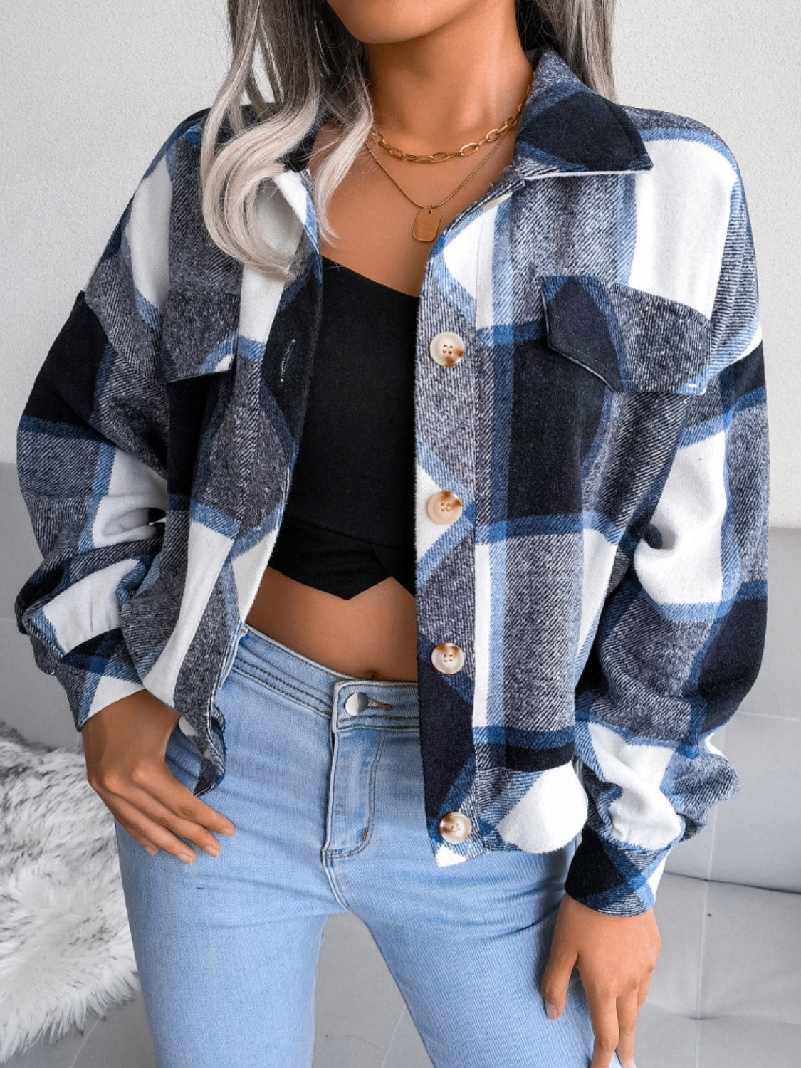 Plaid Collared Neck Long Sleeve Jacket Available in Multiple Color Options