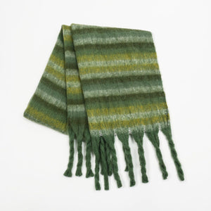 Fringe Contrast Striped Polyester Scarf🟤⚪️🟢