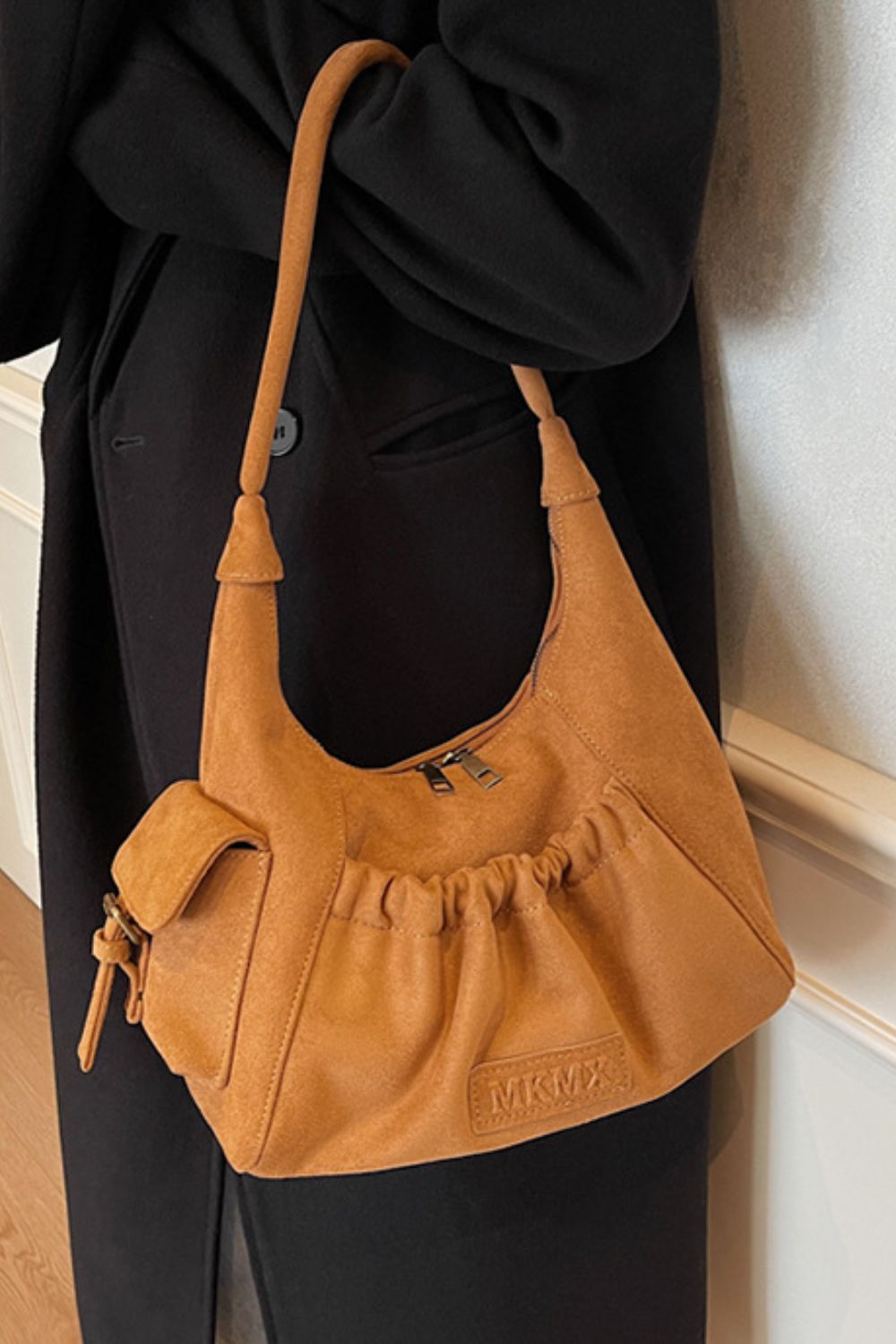 Ruched Suede Handbag with Zipper Available in several color options