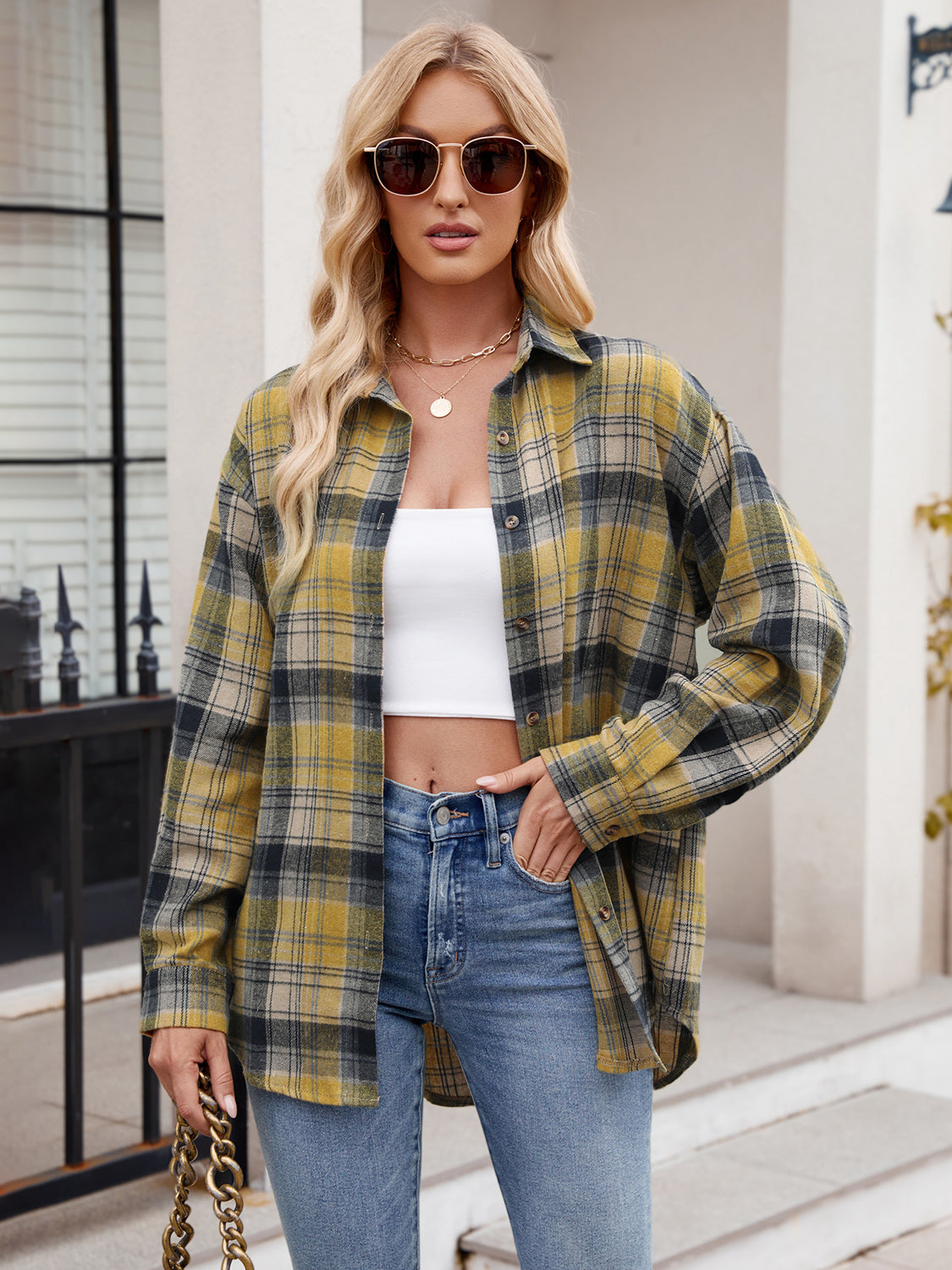 Mandy Pocketed Plaid Collared Neck Long Sleeve Shirt Available In Multiple Color Options